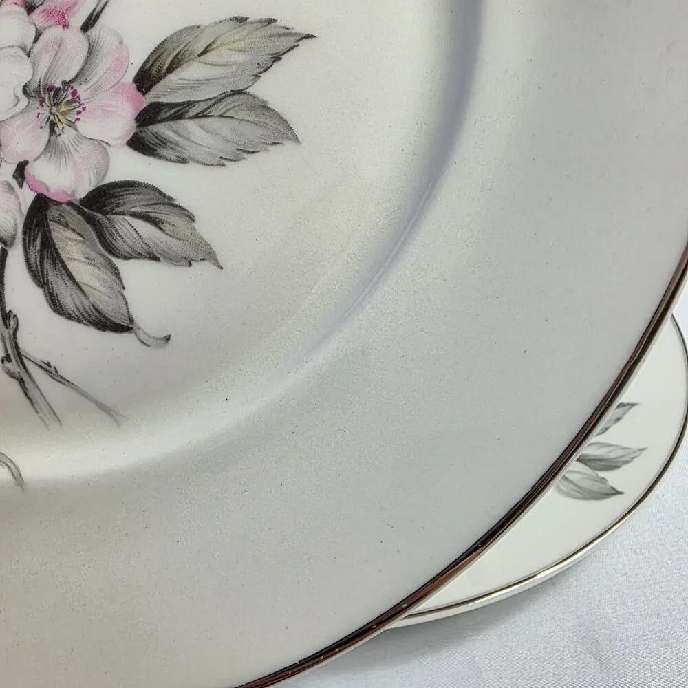 TWO Manor House Spring Glory Dinner Plates Pink & White Floral Gray Leaves